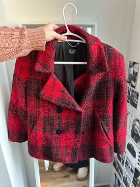 Talbots Red and Black Plaid Wool-Blend Peacoat